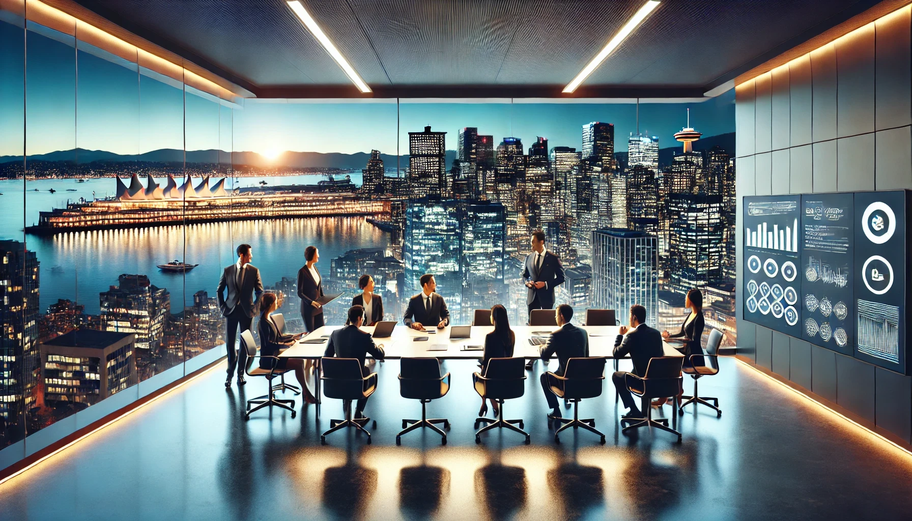 Business leaders discussing technology strategy overlooking Vancouver